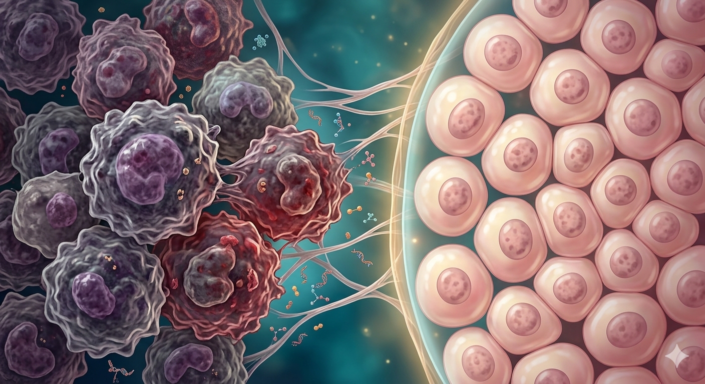 what-causes-cancer-cells-mutation-nairobi A medical illustration depicting abnormal cancer cells alongside healthy tissue, illustrating what causes cancer cell mutations and how alternative remedies target root triggers.